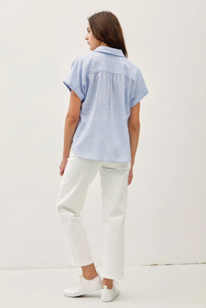 Be Cool Linen Blended Shoulder Shirring Stripe Top
