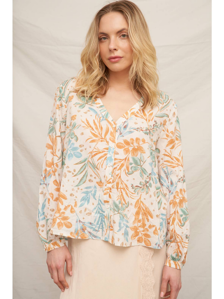 En Creme Printed Long Sleeve V-Neck Blouse