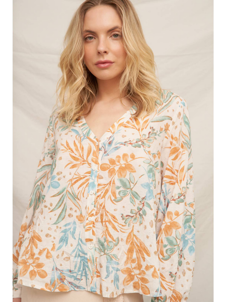 En Creme Printed Long Sleeve V-Neck Blouse