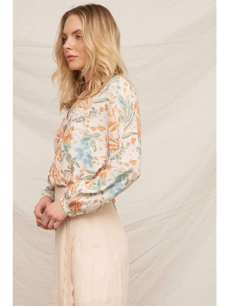 En Creme Printed Long Sleeve V-Neck Blouse