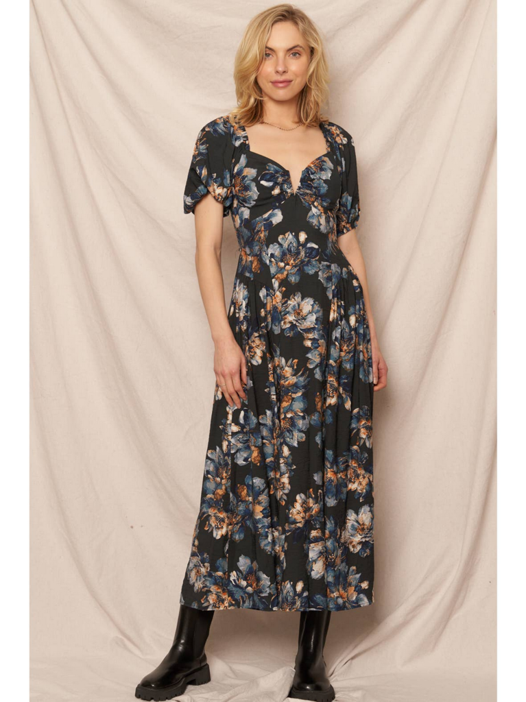 En Creme Puff Sleeve Floral Midi Dress
