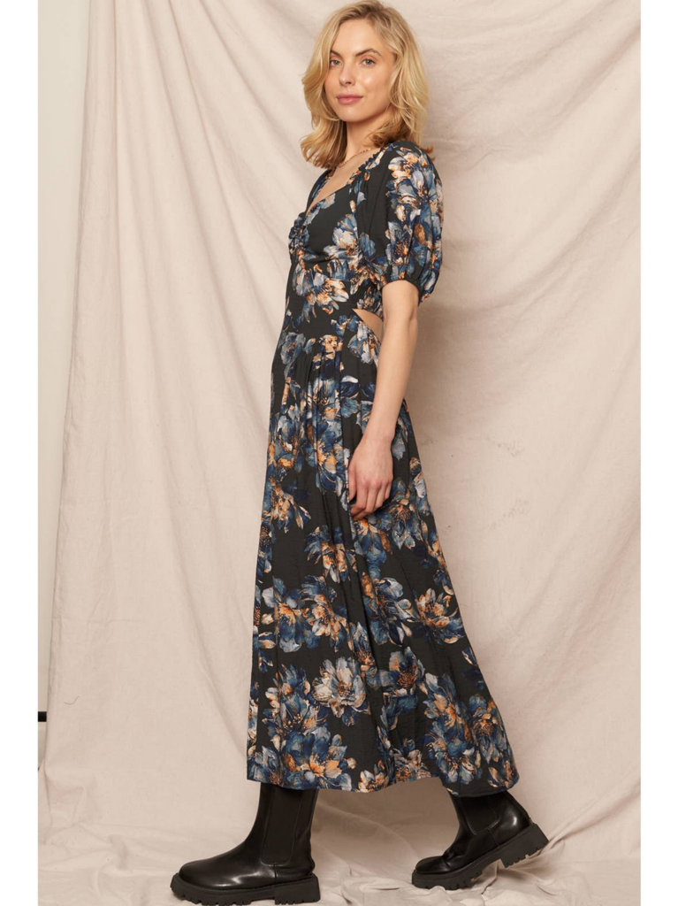 En Creme Puff Sleeve Floral Midi Dress