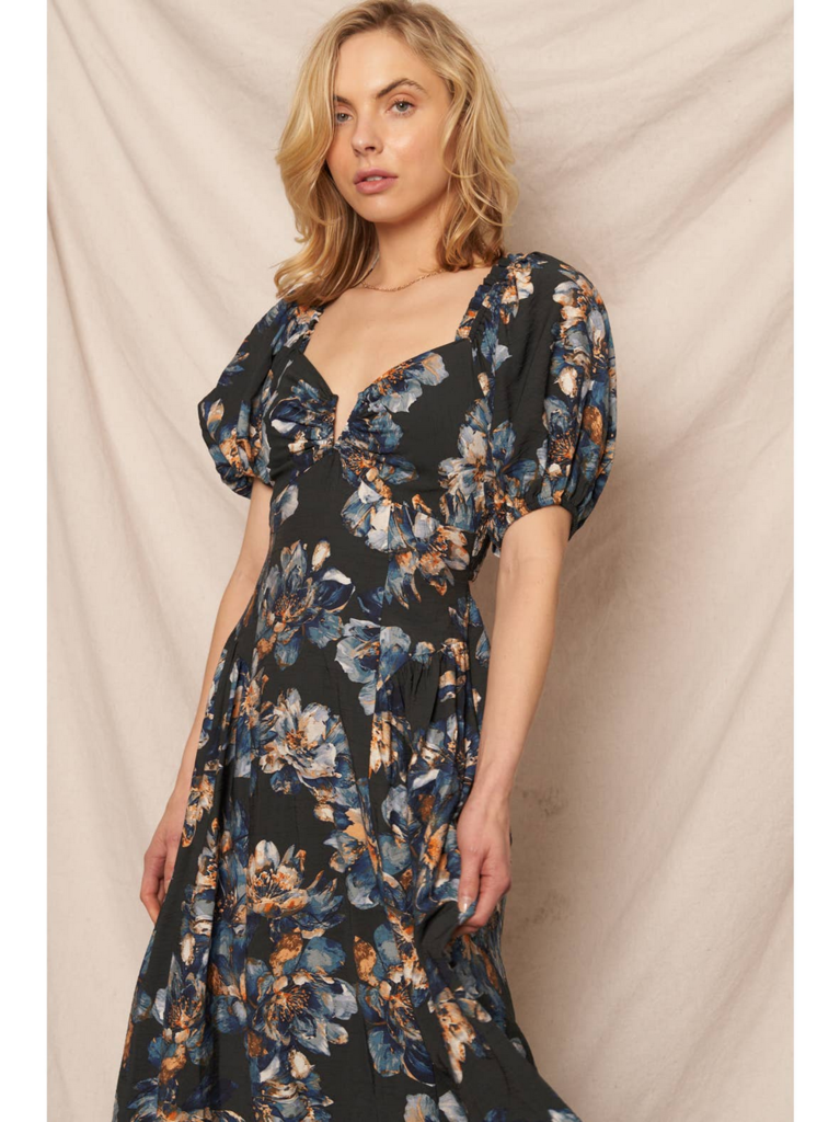 En Creme Puff Sleeve Floral Midi Dress