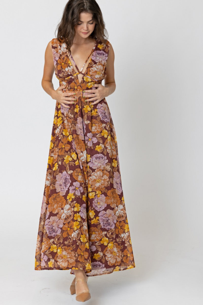 En Creme Auburn Floral V-Neck Maxi Dress