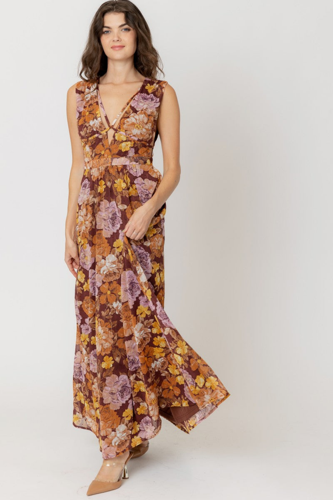 En Creme Auburn Floral V-Neck Maxi Dress