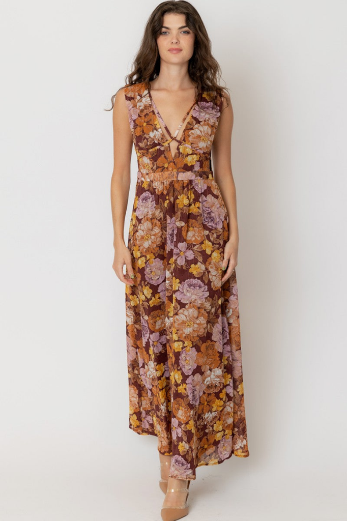 En Creme Auburn Floral V-Neck Maxi Dress