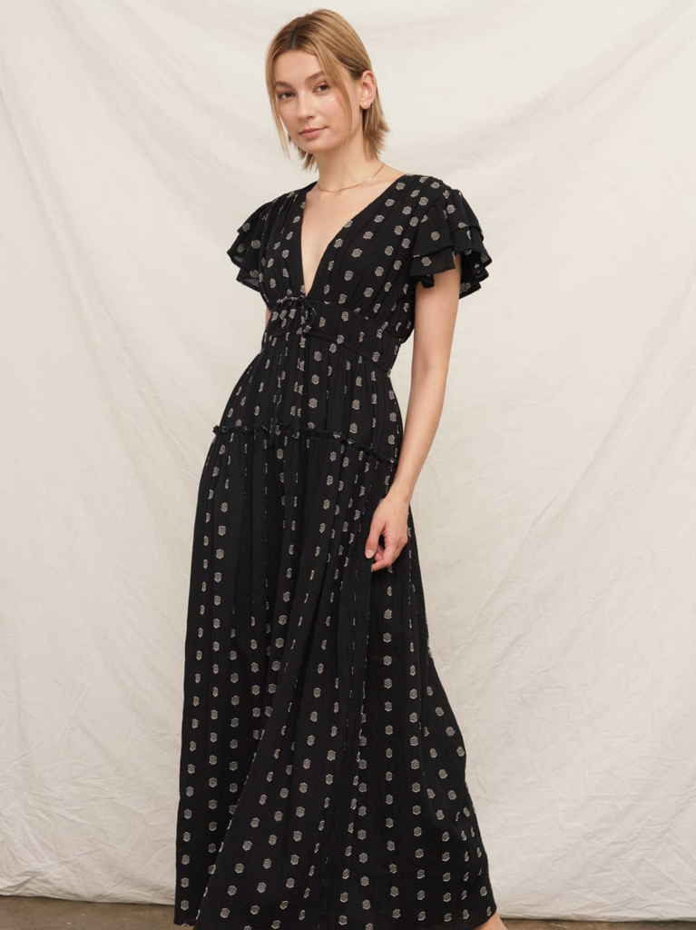 En Creme V-Neck Ruffle Sleeve Polka Dot Maxi Dress