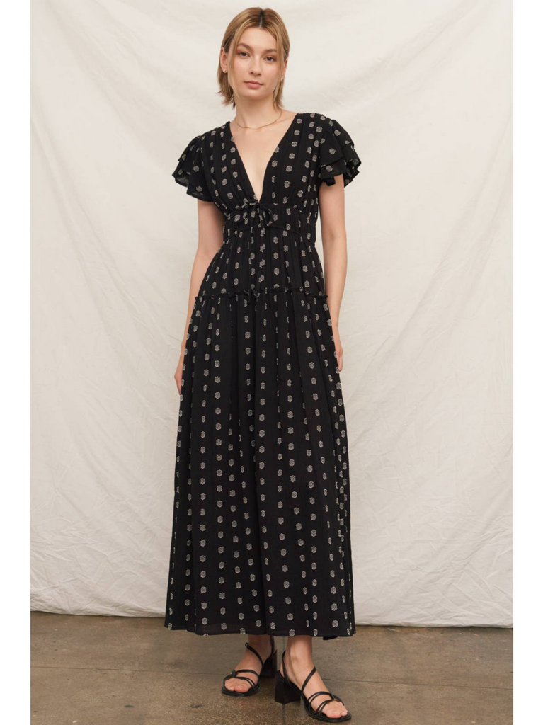 En Creme V-Neck Ruffle Sleeve Polka Dot Maxi Dress