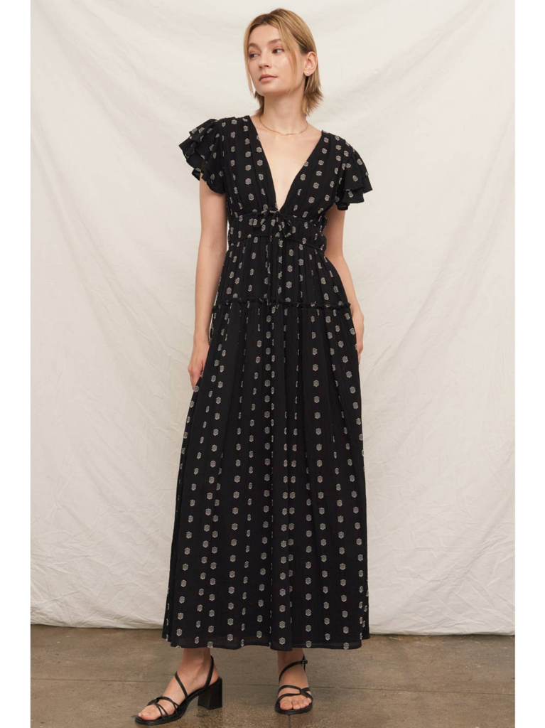 En Creme V-Neck Ruffle Sleeve Polka Dot Maxi Dress