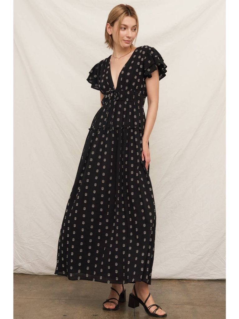 En Creme V-Neck Ruffle Sleeve Polka Dot Maxi Dress
