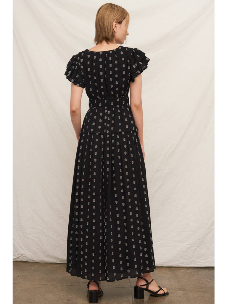 En Creme V-Neck Ruffle Sleeve Polka Dot Maxi Dress