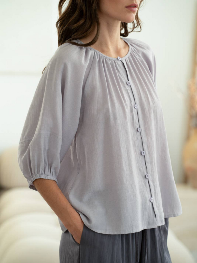 Elle Grey Linen 3/4 Sleeve Flowy Blouse