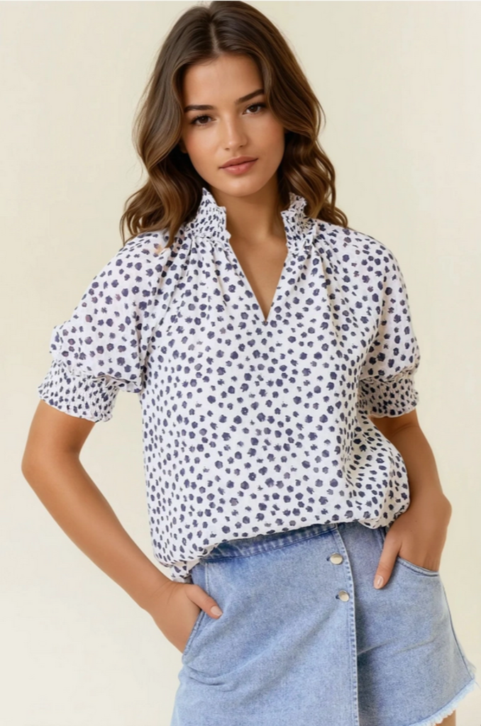 Doe & Rae Dot Print Short Sleeve Blouse