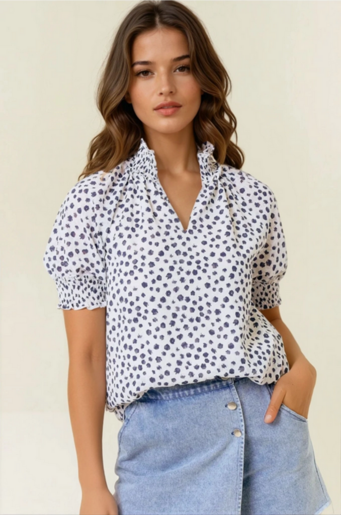Doe & Rae Dot Print Short Sleeve Blouse