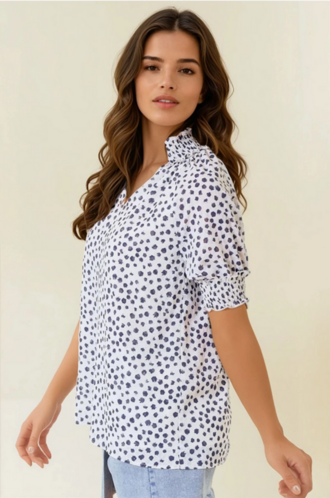 Doe & Rae Dot Print Short Sleeve Blouse