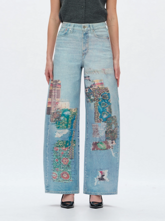 Bayeas High Rise Barrel Denim Jeans with Faux Patches Bayeas High Rise Barrel Denim Jeans with Faux Patches