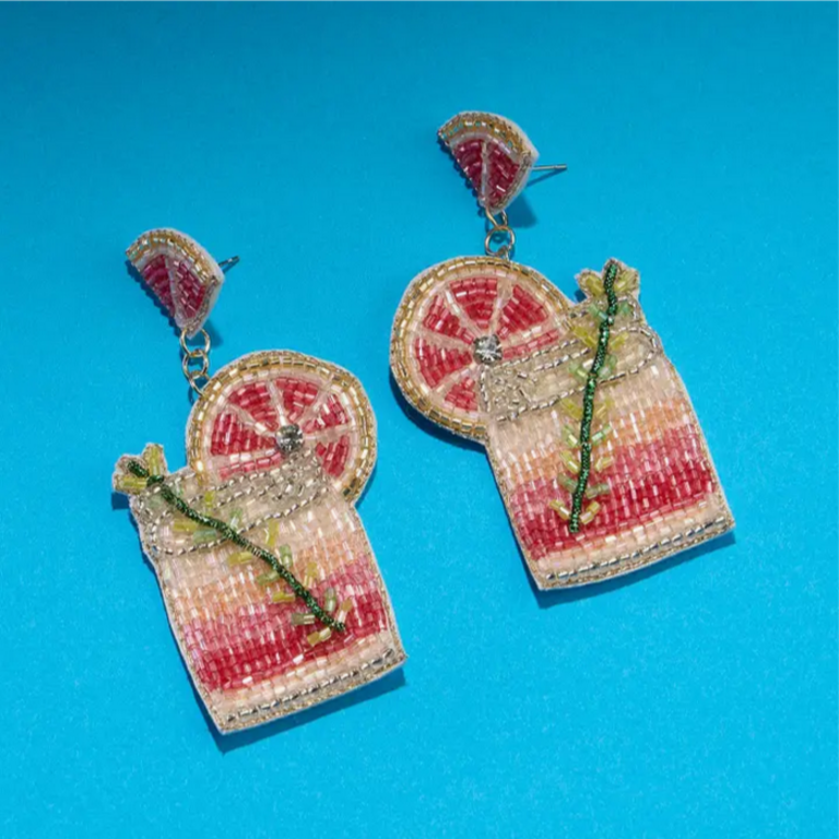 Blue Suede Jewels Beaded Grapefruit Cocktail Earrings