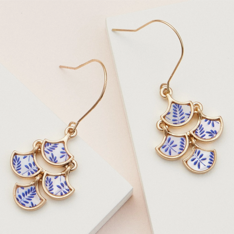 Blue Suede Jewels Gold and Blue Mother of Pearl Floral Earrings