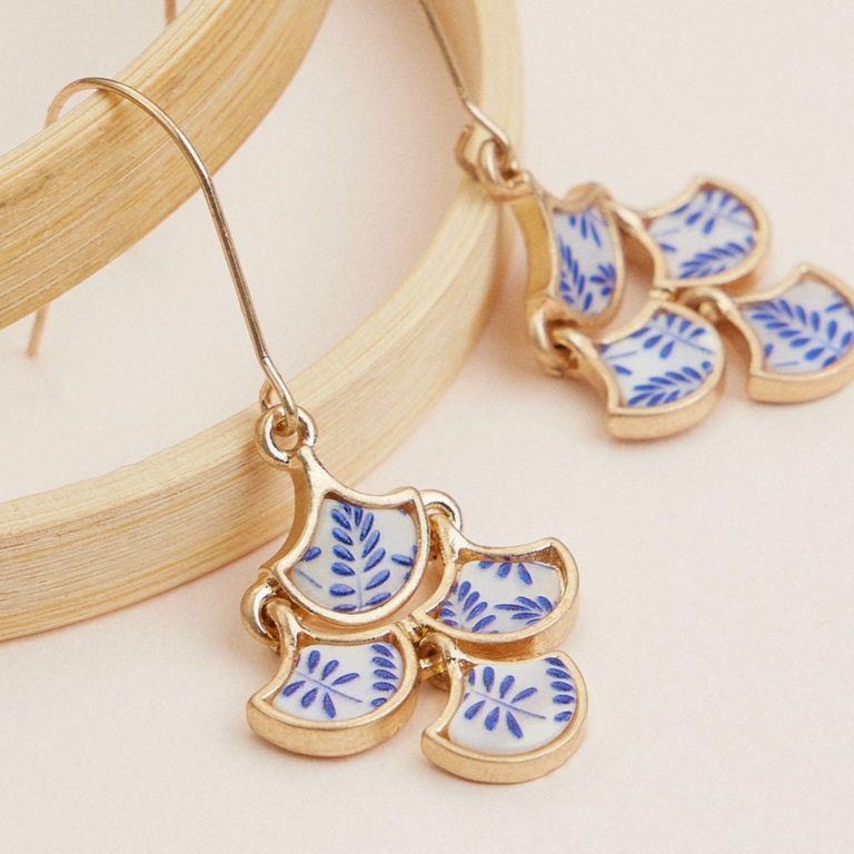 Blue Suede Jewels Gold and Blue Mother of Pearl Floral Earrings