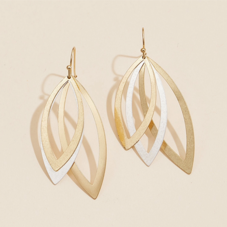 Blue Suede Jewels Layered Leaf Metal Earrings in Multi Tones