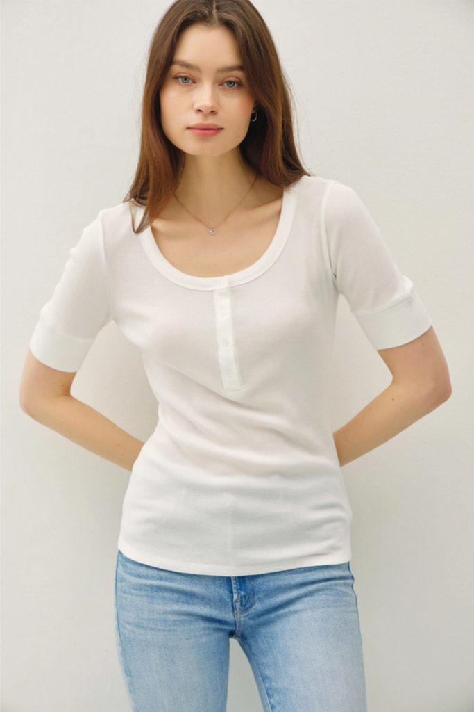 Be Cool Ribbed  Short Sleeve Henley Top