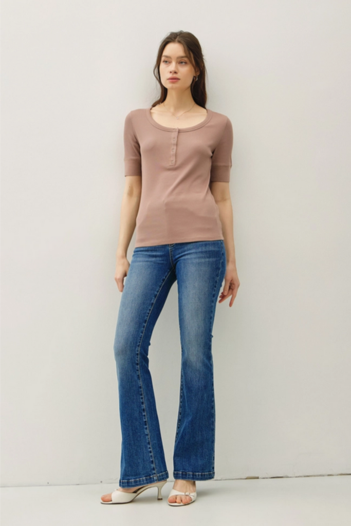 Be Cool Ribbed  Short Sleeve Henley Top