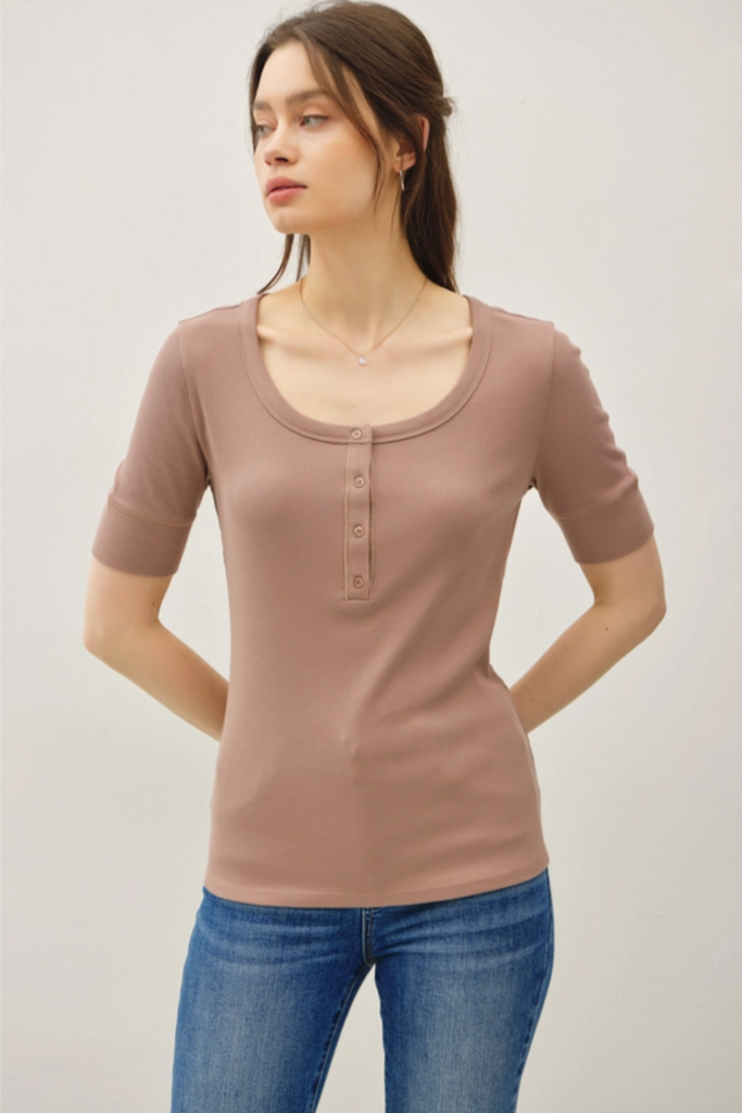 Be Cool Ribbed  Short Sleeve Henley Top