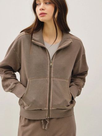 Be Cool Acid Wash High Collar Zip Up Sweatshirt