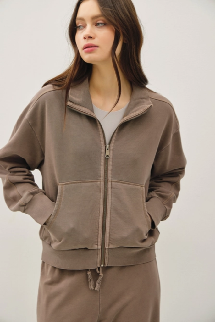 Be Cool Acid Wash High Collar Zip Up Sweatshirt