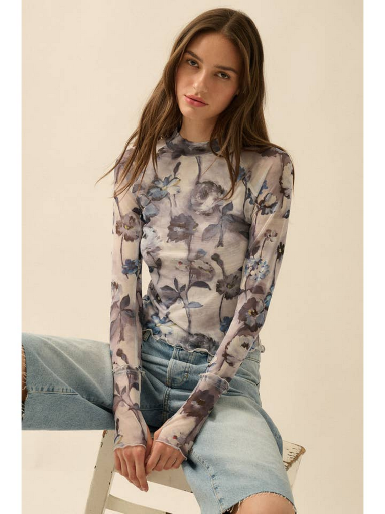 Promesa Floral Mesh Thumbhole Top in Retro Blue