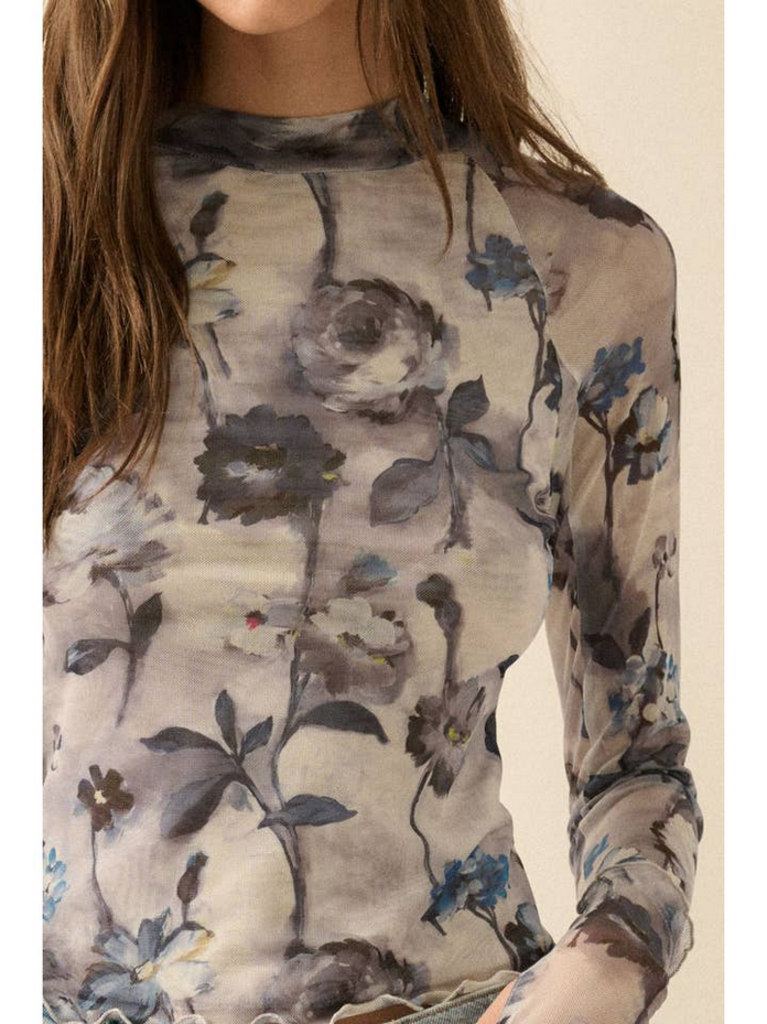 Promesa Floral Mesh Thumbhole Top in Retro Blue