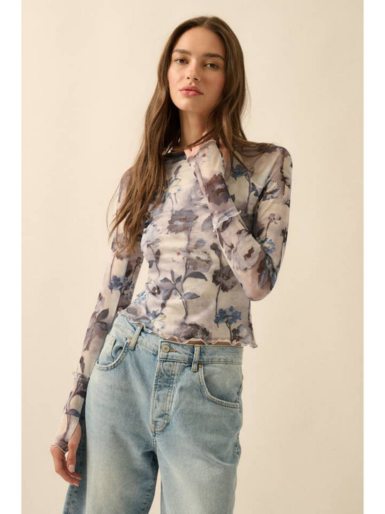 Promesa Floral Mesh Thumbhole Top in Retro Blue