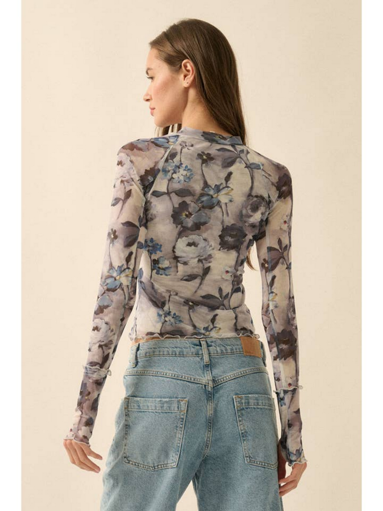 Promesa Floral Mesh Thumbhole Top in Retro Blue
