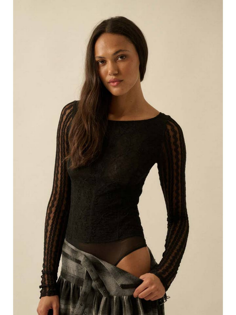 Promesa Floral and Striped Lace Boat-Neck Bodysuit