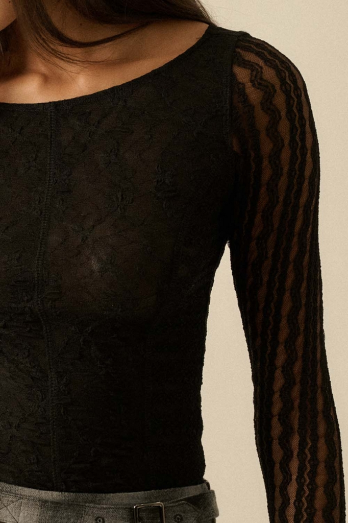 Promesa Floral and Striped Lace Boat-Neck Bodysuit