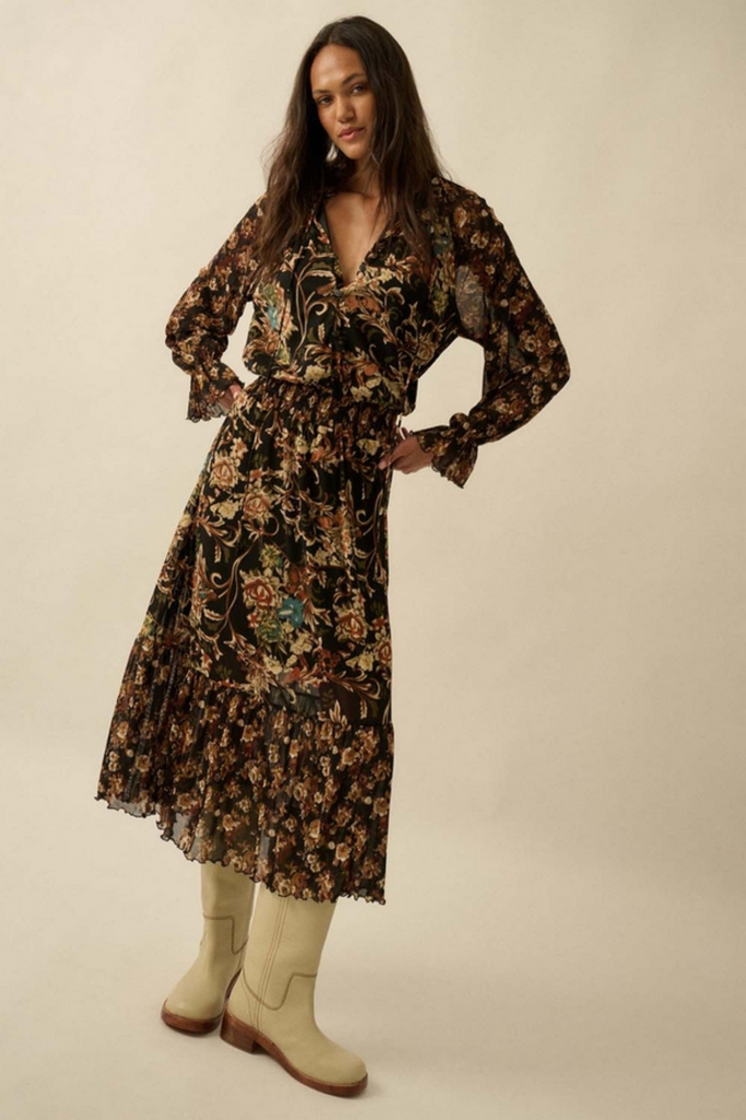 Promesa Floral-Print Mesh Button-Up Ruffle Maxi Dress