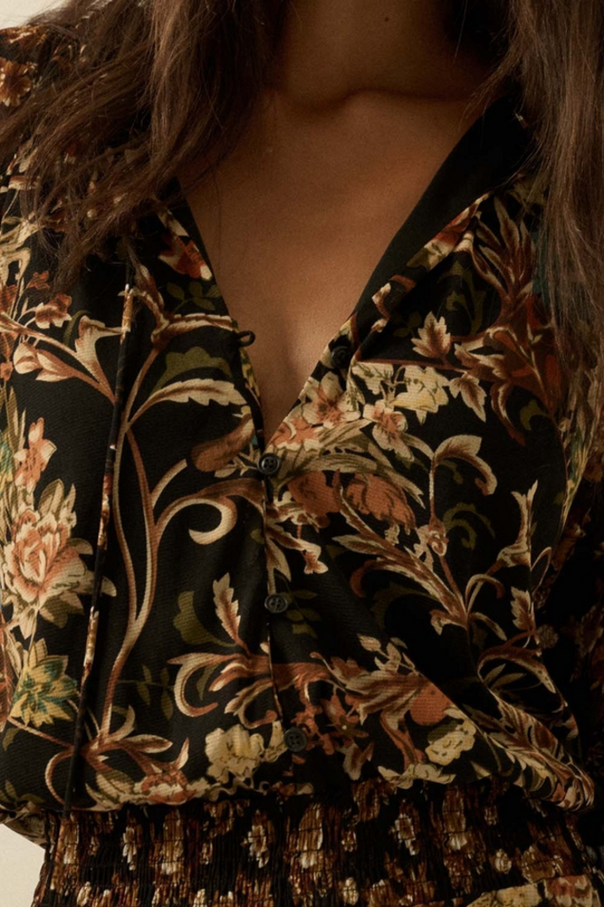 Promesa Floral-Print Mesh Button-Up Ruffle Maxi Dress