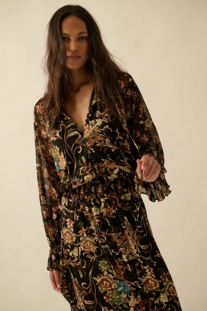 Promesa Floral-Print Mesh Button-Up Ruffle Maxi Dress