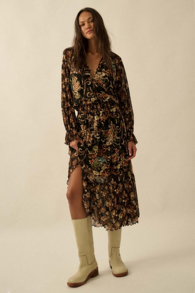 Promesa Floral-Print Mesh Button-Up Ruffle Maxi Dress