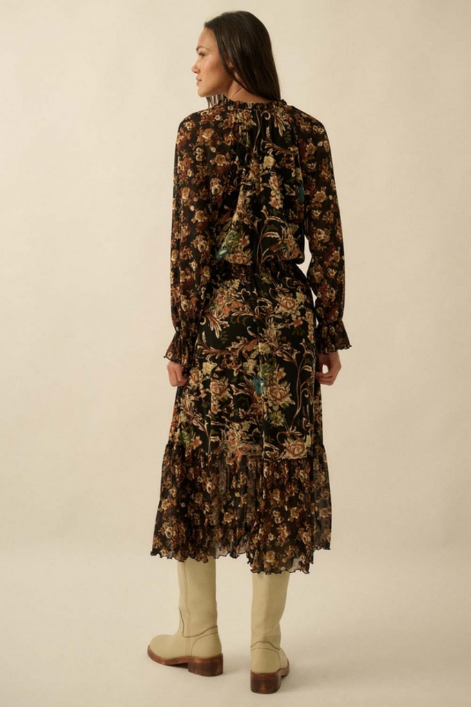 Promesa Floral-Print Mesh Button-Up Ruffle Maxi Dress