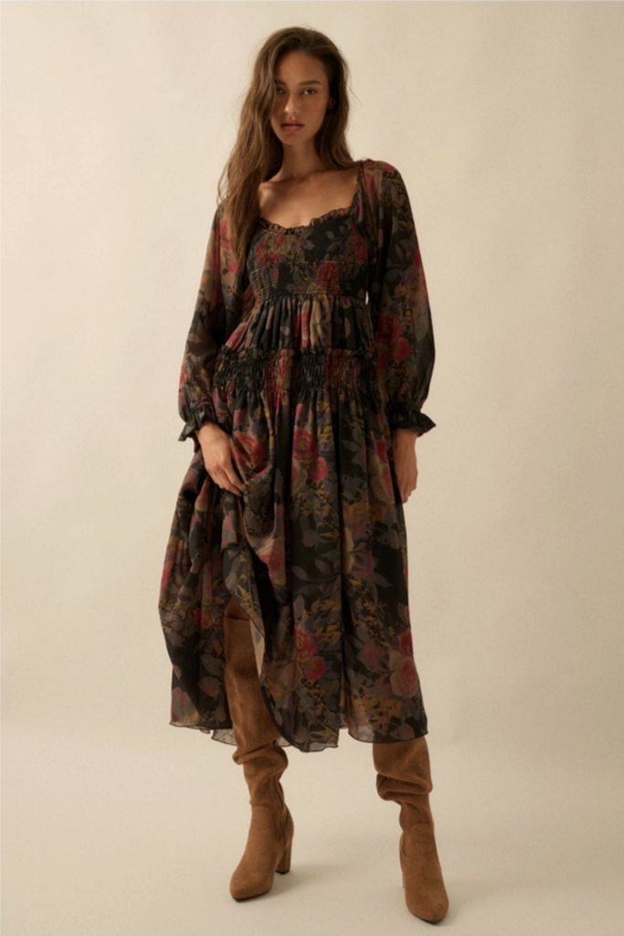 Promesa Floral-Print Bubble Sleeve Maxi Dress
