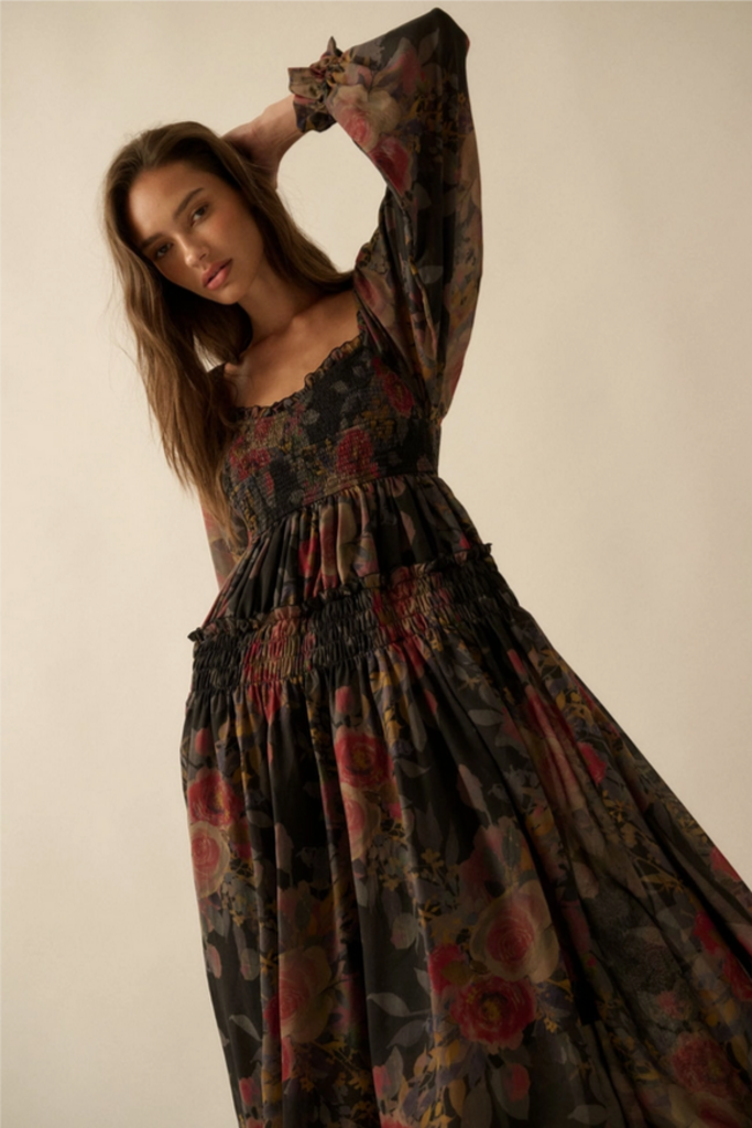 Promesa Floral-Print Bubble Sleeve Maxi Dress