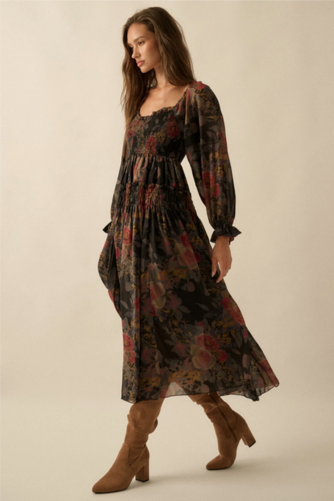 Promesa Floral-Print Bubble Sleeve Maxi Dress