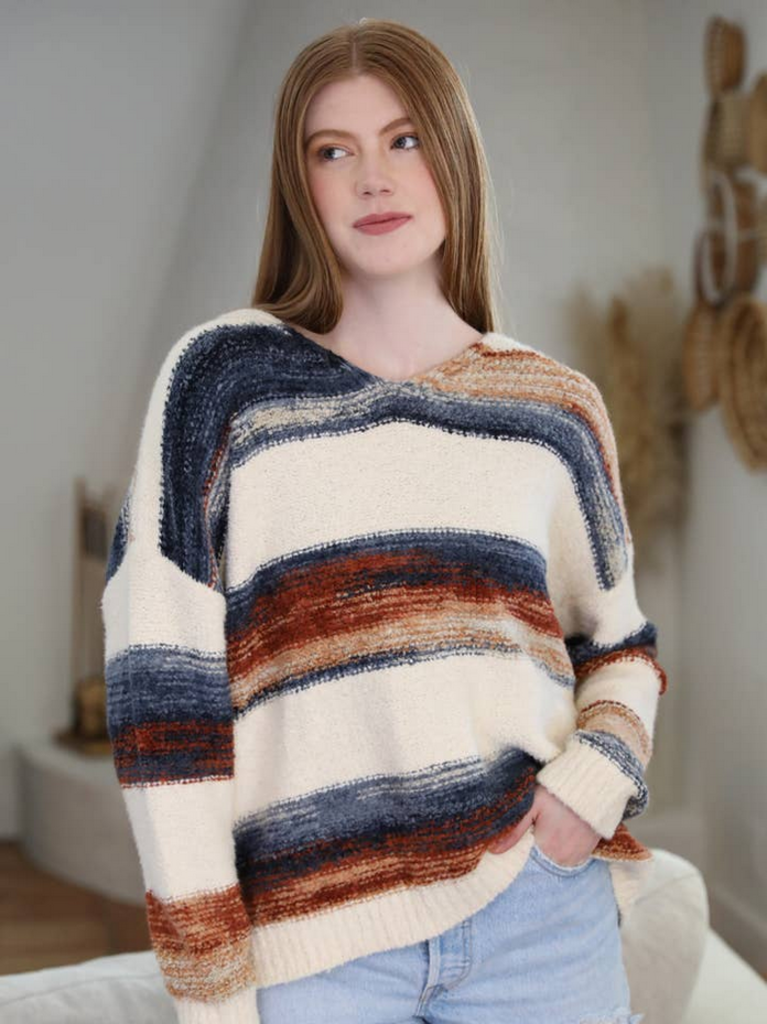 Angie V Neck Fuzzy Striped Pullover Sweater