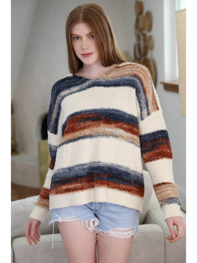 Angie V Neck Fuzzy Striped Pullover Sweater
