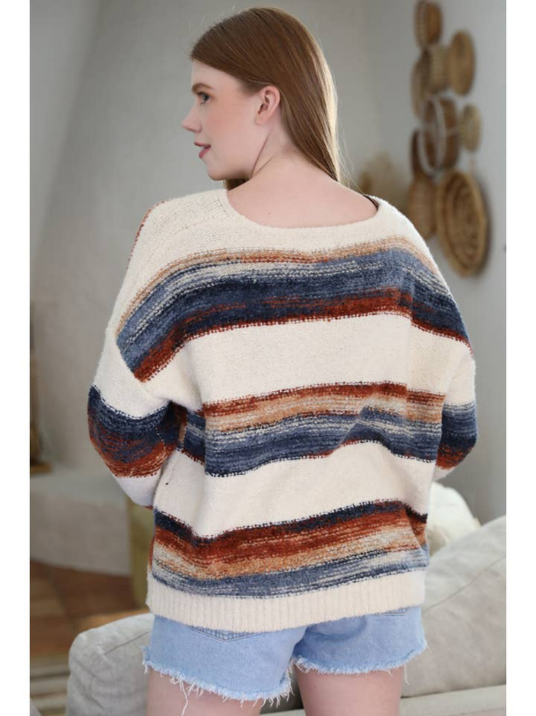 Angie V Neck Fuzzy Striped Pullover Sweater