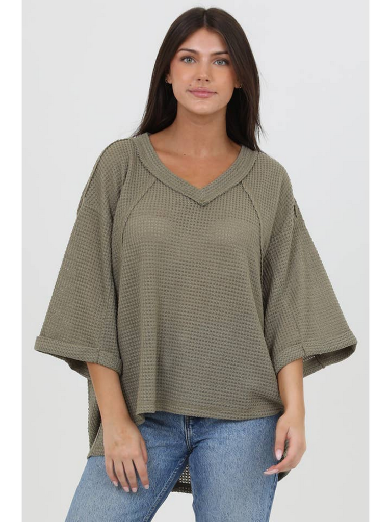 Angie Waffle Knit V Neck Hi Lo Easy Fit Tunic