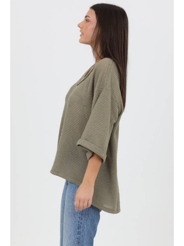 Angie Waffle Knit V Neck Hi Lo Easy Fit Tunic