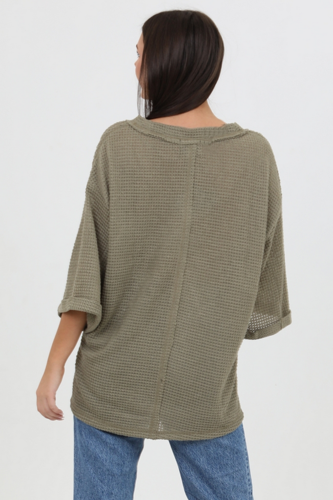 Angie Waffle Knit V Neck Hi Lo Easy Fit Tunic