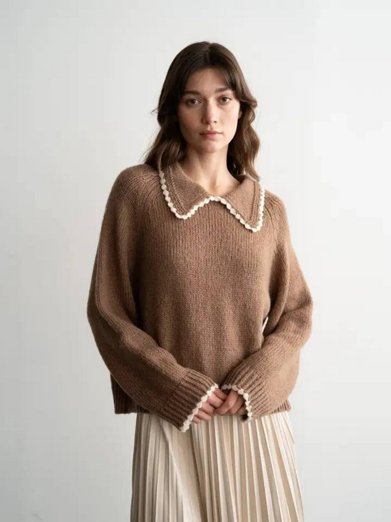 Elle Grey Knit Sweater with Scalloped Collar Detail